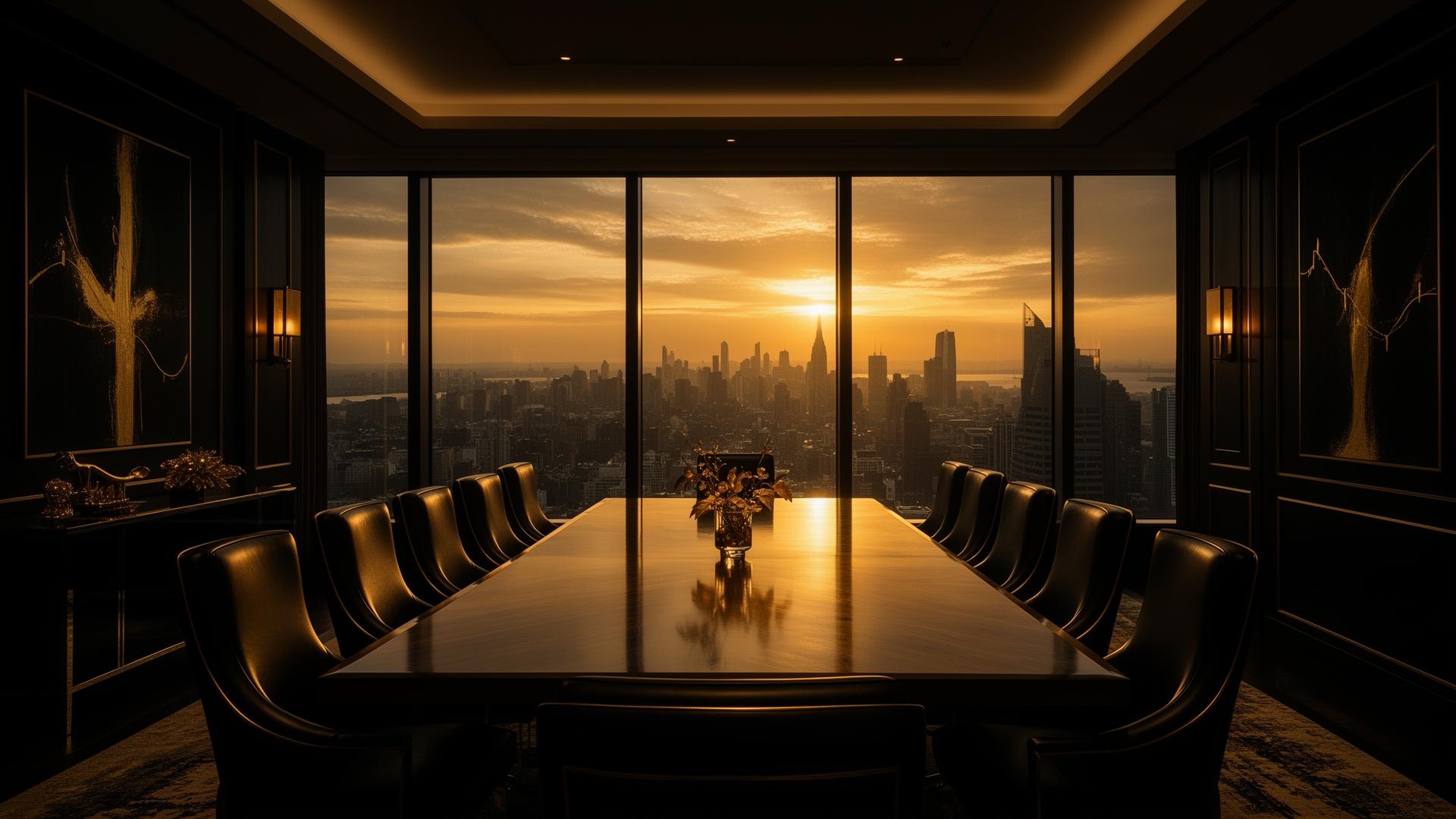Twilight boardroom overlooking a city skyline